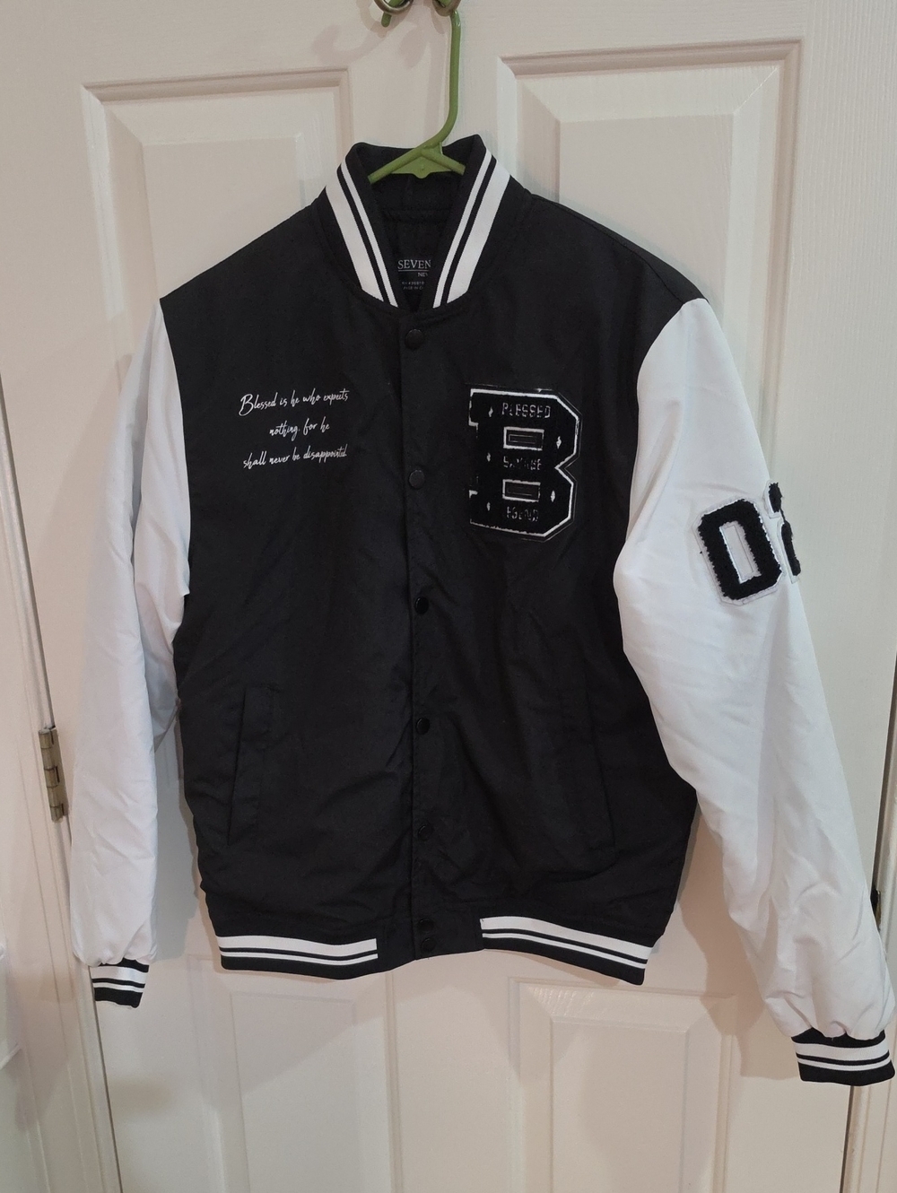 Seven Souls Black and White Blessed Teddy Bear Varsity Bomber Jacket - Size 18 Y